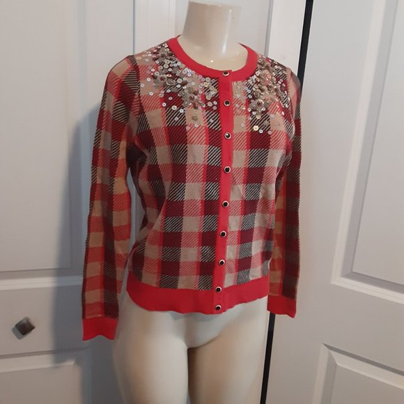 Charter Club Ravishing Red Sequined Plaid Cardigan Sweater - Picture 6 of 14